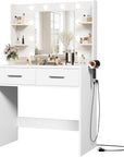 Furmax Make up Vanity Desk with Mirror and Power Outlet, Vanity with 3 Color Light Options Adjustable Brightness,Vanity Desk with 2 Drawers, 6 Storage Shelves (White, No Bench)