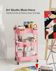 3 Tier Rolling Cart Metal with Wheels & Table Top, Pink Utility Cart with Cups and Hooks, Three Tiered Craft Cart Organizer on Wheels, Storage Carts for Salon, Lash, Hair, Nail, Makeup, Diaper, Book