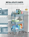 3 Tier Utility Rolling Cart, EAGMAK Metal Storage Cart with Handle and Lockable Wheels, Multifunctional Storage Organizer Trolley with Mesh Baskets for Kitchen, Living Room, Office, Garage (Blue)