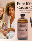 Kitsch Organic Castor Oil for Hair Growth - 100% Pure Castor Oil, Organic Cold Pressed Unrefined Glass Bottle for Face, Skin, Lashes, Brows, Scalp, Nails & Belly Button - Hexane Free, USDA - 16 oz