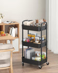 Sywhitta 3-Tier Plastic Rolling Utility Cart with Handle, Multi-Functional Storage Trolley for Office, Living Room, Kitchen, Movable Storage Organizer with Wheels, Black