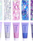 Face Body Glitter, Hair Glitter Sparkles Chunky Face Glitter Gel for Girls Makeup Singer Concerts Mermaid Festival Sequins Face Paint (White+Silver+Pink+Blue+Purple)