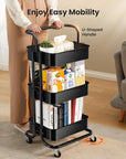 Pipishell 3 Tier Mesh Utility Cart, Rolling Metal Organization Cart with Handle and Lockable Wheels, Multifunctional Storage Shelves for Kitchen Living Room Office Black