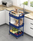 Sywhitta 3-Tier Plastic Rolling Utility Cart with Handle, Multi-Functional Storage Trolley for Office, Living Room, Kitchen, Movable Storage Organizer with Wheels, Blue