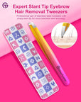Expert Eyebrow Hair Removal Tweezer with Leather Case, GlamTweeler High Precision Slant Tip Stainless Steel Tweezers for Men and Women (Sparkle Fuchsia & Yellow)