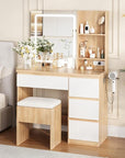 Makeup Vanity Desk with Lighted Mirror, Dressing Table Set with 4 Drawers, Power Outlet, Storage Stool, Storage Shelves, Vanity Mirror 3 Lighting Color Adjustable, Vanity Set for Bedroom, Natural
