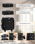 Relavel Rolling Makeup Case, 3 in 1 Hairstylist Traveling Bag Cosmetology Case on Wheels Large Hair Tools Cosmetics Train Case Makeup Artist Storage Organizer Trolley Suitcase with 360° Swivel Wheels