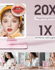 Benbilry Foldable Travel Makeup Mirror with Lights and 20X Magnification, Rechargeable Tabletop LED Vanity Mirror with Adjustable Stand, 3-Colored Dimmable Lighting, Portable Cosmetic Mirror, Pink