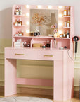 COMHOMA Vanity Desk with Lighted Mirror and Power Outlet, RGB LED Lights Makeup Vanity Set for Girls, Large Storage Capacity Dressing Table for Bedroom, 3 Lighting Modes Adjustable Brightness, Pink
