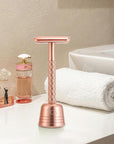 Double Edge Safety Razor for Women Rose Gold with Stand and Silicone Cover - Durable Metal Eco-Friendly Single Blade Safety Razor with 10 Blades- Closed Smooth Shave