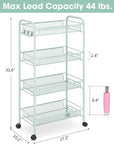 TOOLF 4-Tier Rolling Cart, Metal Utility Cart with 3 Hooks, Easy Assemble Mobile Storage Trolley On Wheels, Metal Shelving Units Kitchen Bathroom Laundry Room