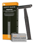Black Safety Razor, Single Blade Razors for Men, with 10 Double Edge Blades, Long and Heavy Duty Stainless Steel Handle, Reusable Metal Eco-Friendly Razor, Plastic Free, Smooth Shave