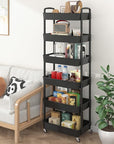 Sywhitta 6-Tier Plastic Rolling Utility Cart with Handle, Multi-Functional Storage Trolley for Office, Living Room, Kitchen, Movable Storage Organizer with Wheels, Black