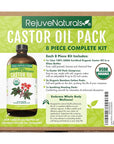 Castor Oil Pack - 8 Piece Complete Kit. Includes 16oz Glass Bottle of Organic Castor Oil, Easy to use Organic Cotton Compress with Adjustable Fit, 5 Soft Cotton Pads & Soothing Heat Pack..