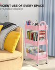 EAGMAK 3 Tier Utility Rolling Cart, Metal Storage Cart with Handle and Lockable Wheels, Multifunctional Storage Organizer Trolley with Mesh Baskets for Kitchen, Living Room, Office, Garage (Pink)