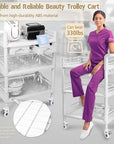 Beauty Trolley Cart with Wheels, Esthetician Cart with Handrail, Bucket and 2 Big Drawer, 3 Tier Heavy Duty Vacuum Therapy Machine Trolley, Load 330lbs, 360° Rotate Silent Wheels