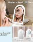 FUNTOUCH Rechargeable Travel Makeup Mirror with Lights,Portable Lighted Compact Mirror with Small 10X Magnification,3 Color Lighting, Dimmable Touch Screen, Tabletop LED Folding Cosmetic Vanity Mirror