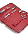 GERMANIKURE 4pc Travel Manicure Set - FINOX Stainless steel tools handmade in Solingen Germany: Nail clipper, Cuticle scissor, Tweezer, Glass Nail file in Leather Case