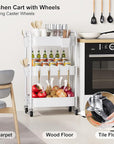 3 Tier Rolling Cart Metal with Wheels, White Three Tiered Storage Cart on Wheels, Utility Trolley Carts Organizer for Kitchen Storage, Pantry, Snack, Craft, Art, Lash, Makeup, Bathroom, Dorm Supply
