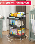 Goovilla 3 Tier Rolling Utility Cart Organizer with Removable Drawer, Stable and Sturdy Black Rolling Storage Carts with 2 Lockable Wheels for Bathroom, Kitchen, Snack, Craft, Makeup, Baby Essentials