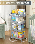 Goovilla 4 Tier Rolling Utility Cart Organizer with Removable Drawer, Stable and Sturdy Grey Rolling Storage Carts with 2 Lockable Wheels for Bathroom, Kitchen, Snack, Craft, Makeup, Baby Essentials