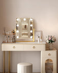 Gold Hollywood Vanity Mirror with Lights, 9 Dimmable Bulbs, 3 Color Lights,Make Up Lighted Mirror, 10x Magnification 360°Rotation(12" x 14")