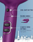 Conair Hair Dryer, Worldwide Travel Hair Dryer with Smart Voltage Technology and Folding Handle, Includes Diffuser and Concentrator, Purple