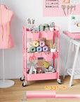 3 Tier Rolling Cart on Wheels, Metal Utility Storage Cart with Wheels, Three Tiered Craft Carts Organizer with Hanging Cups, Hooks, Mesh Basket for Bedside, Kitchen, Bathroom, Office, Art, Snack, Pink
