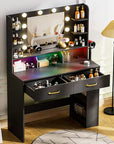 COMHOMA Vanity Desk with Lighted Mirror and Power Outlet, RGB LED Lights Makeup Vanity Set for Girls, Large Storage Capacity Dressing Table for Bedroom, 3 Lighting Modes Adjustable Brightness, Black