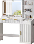 YITAHOME Large Makeup Vanity Desk with Mirror and Lights, Fluted Vanity Table with 2 Drawers & Adjustable Shelves, Makeup Mirror in 3 Modes Lighting, Dressing Table Set w/Charging Station, White