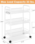 TOOLF 3-Tier Metal Rolling Cart, Mesh Wire Easy Assemble Utility Cart, Storage Trolley on Wheels with 3 Hooks, MetalStorage Shelving Units for Kitchen Bathroom Laundry Room