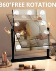Black Hollywood Vanity Mirror with Lights, 9 Dimmable Bulbs, 3 Color Lights,Make Up Lighted Mirror, 10x Magnification 360°Rotation(12" x 14")