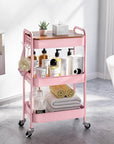 TOOLF 3-Tier Rolling Cart with Table Top, Metal Storage Cart on Wheels, Utility Organizer with Wooden Tray, Lockable Casters, Easy Assembly for Bathroom, Living Room, Office, Bedside, Pink