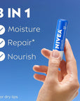 NIVEA Moisture Lip Care, Hydrating Lip Balm with Shea Butter, Nourishing Oils and Vitamin C & E, 3-in-1 Moisture, Repair and Nourish, 0.17 Oz Stick, Pack of 4