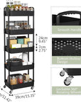 Sywhitta 5-Tier Plastic Rolling Utility Cart with Handle, Multi-Functional Storage Trolley for Office, Living Room, Kitchen, Movable Storage Organizer with Wheels, Black