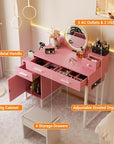 Vanity Desk with 4 Storage Drawers - Modern Makeup Vanity Table with Charging Station, Pink Vanity Desk with Reversible Cabinet Dressing Table Set with Divided Organizers for Women Girls, Pink & White