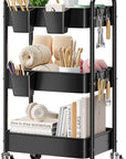 3 Tier Rolling Cart on Wheels, Metal Utility Storage Cart with Wheels, Three Tiered Craft Carts Organizer with Hanging Cups, Hooks, Mesh Basket for Bedside, Kitchen, Bathroom, Office, Art, Snack,Black