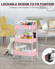 EAGMAK 3 Tier Utility Rolling Cart, Metal Storage Cart with Handle and Lockable Wheels, Multifunctional Storage Organizer Trolley with Mesh Baskets for Kitchen, Living Room, Office, Garage (Pink)