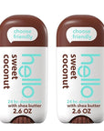 hello Sweet Coconut Aluminum Free Deodorant for Women and Men with Shea Butter, 24-Hour Freshness, Baking Soda Free Deodorant, Dermatologically Tested, 2.6 oz Stick (2 Pack)