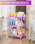 Goovilla 3 Tier Rolling Utility Cart Organizer with Removable Drawer, Stable and Sturdy Purple Rolling Storage Carts with 2 Lockable Wheels for Bathroom, Kitchen, Snack, Craft, Makeup, Baby Essentials