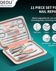 DEOU Professional Nail Set 11 in 1 stainless steel home care nail clippers, men's luxury travel leather storage box, women's beauty kit (Pink)
