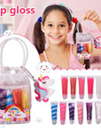 12Pcs Sparkle kids Lip Gloss Set with Unicorn Keychain Carrying Case, Assorted Flavors Moisturizing Shimmer Glossy Lip Party Favor Make-up for Girls and Teens Ages 5+