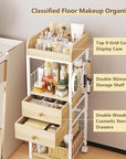 Makeup Organizer Cart, Rolling Floor Skincare Organizer and Storage with 2 Wooden Drawers, Cosmetics Display Cases Holder for Skin Care Perfume Hair Tools Nail Polish