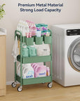 YASONIC 3-Tier Rolling Cart, Green, 66 Pounds Capacity, Mesh Storage Organizer with Lockable Wheels, 3 Hanging Cups, 4 Hooks, Easy Assembly, for Kitchen, Bathroom, Laundry, Grocery