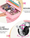 Goovilla 3 Tier Rolling Utility Cart Organizer with Removable Drawer, Stable and Sturdy Pink Rolling Storage Carts with 2 Lockable Wheels for Bathroom, Kitchen, Snack, Craft, Makeup, Baby Essentials