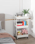 Sywhitta 3-Tier Plastic Rolling Utility Cart with Handle, Multi-Functional Storage Trolley for Office, Living Room, Kitchen, Movable Storage Organizer with Wheels, White