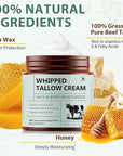 Beef Tallow for Skin, Beef Tallow Moisturizer, 4.2 oz Organic Whipped Grass Fed Beef Tallow with Honey Cream for Face & Body, Unscented