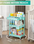 Goovilla 3 Tier Rolling Utility Cart Organizer with Removable Drawer, Stable and Sturdy Blue Rolling Storage Carts with 2 Lockable Wheels for Bathroom, Kitchen, Snack, Craft, Makeup, Baby Essentials