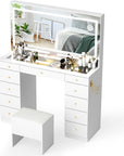 11 Drawers Glass Top Vanity Desk with Chair, Crystal Handles Makeup Vanity with Mirror and Lights, Dressing Table with Power Outlet, Adjustable Lighting Modes, White