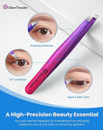 Expert Slant Tip Tweezers with Leather Travel Case, GlamTweeler Sharp & Precision Stainless Steel Tweezer for Eyebrows, Facial Hair and Fine Hairs Removal (Sparkle Deep Violet & Lavender)